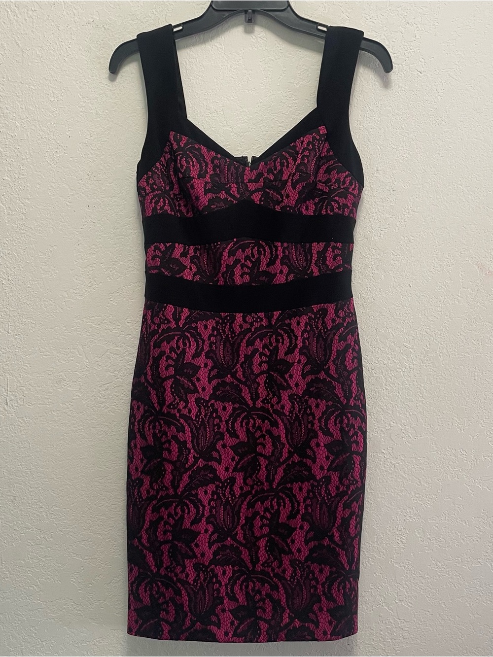Cache black/pink floral lace dress with black band, size 6